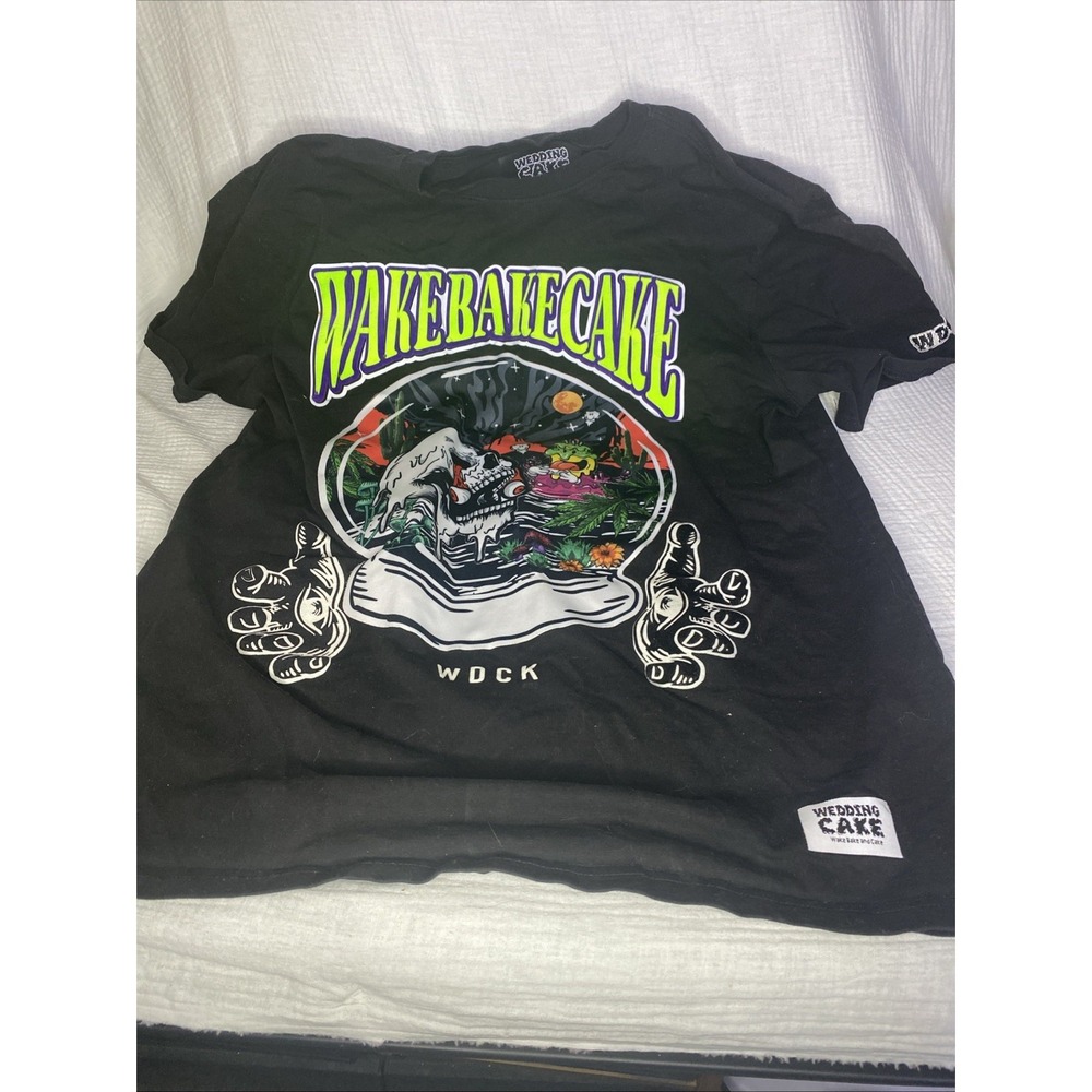 Men's Wedding Cake Wake Bake and Cake Y2K Embroidered Medium T-Shirt‎ 420 Skull